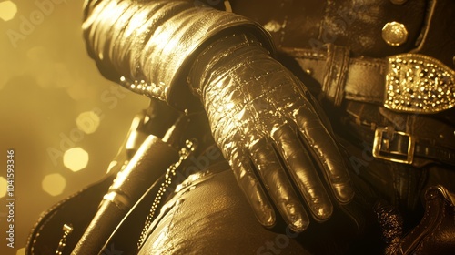 Cowboy's Hand on Saddle Horn: Wild West Close-Up with Rich Textures and Sunlit Glinting Metal photo