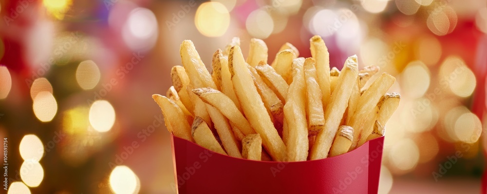 Golden brown french fries and a decorated christmas tree with twinkling lights create a festive holiday scene, perfect for conveying joy and indulgence Golden brown french fries and a decorated christmas tree with twinkling lights create a festive holiday scene, perfect for conveying joy and indulgence