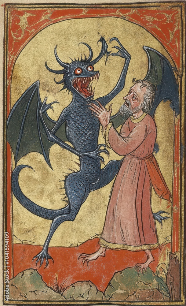 Naklejka premium A mythical confrontation between a fierce dragon and a terrified sage amidst a dramatic medieval landscape at dusk. Generative AI