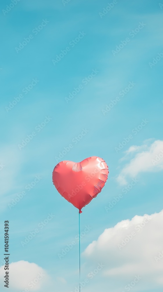 Fototapeta premium Red heart-shaped balloon floats against a blue sky with fluffy clouds, symbolizing love and joy. Perfect for celebrating love and positivity