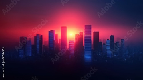 Futuristic skyline at sunset with vibrant colors