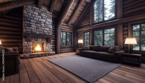 Cozy Cabin Retreat with Warm Wood Accents and Crackling Fireplace, Perfect for a Winter Getaway, Snuggle Up by the Fire and Enjoy the Views