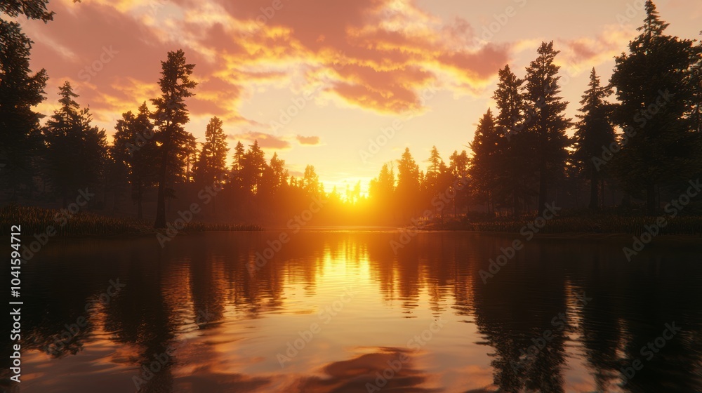 Obraz premium Golden Hour Beauty: Tranquil Wild West Sunset Reflection on Lake - Cinematic Landscape with Vibrant Colors and Tree Silhouettes