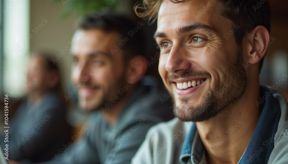 Happy young man smiling while sitting with friends in cozy café setting
Happy young man smiling while sitting with friends in cozy café setting