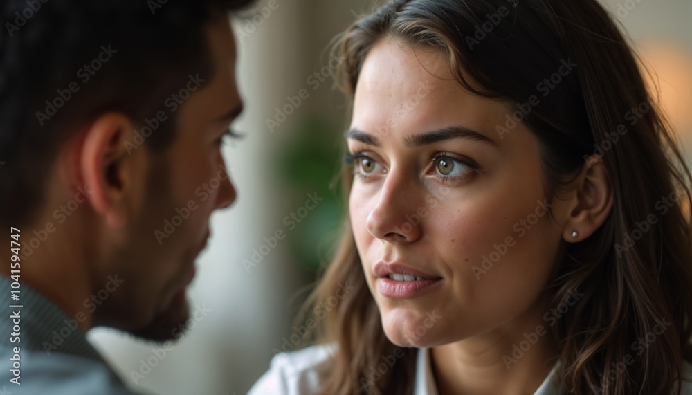 Intimate couple gazing into each other's eyes in warm indoor setting
Intimate couple gazing into each other's eyes in warm indoor setting