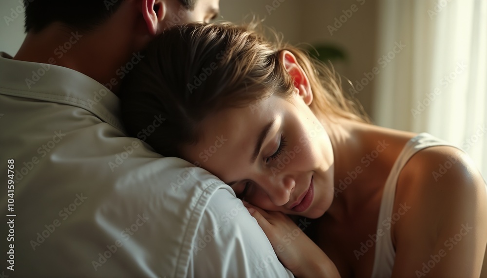 Loving couple embracing tenderly in bright indoor setting
Loving couple embracing tenderly in bright indoor setting