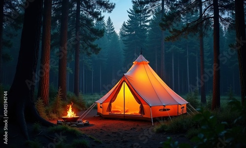 A tent is illuminated brightly in the center of a dense forest