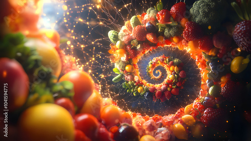 A vibrant spiral of colorful fruits and vegetables, radiating energy and symbolizing a healthy and nutritious lifestyle. photo