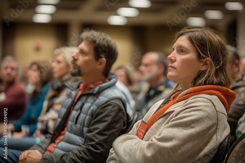 Focused audience members at a conference listening intently.