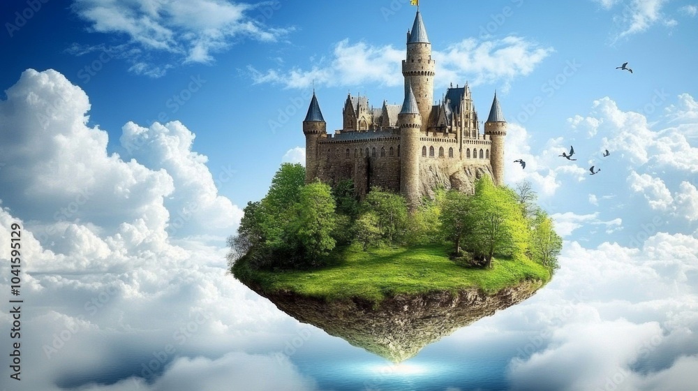 Obraz premium Magical Floating Castle with Lush Greenery and Blue Sky