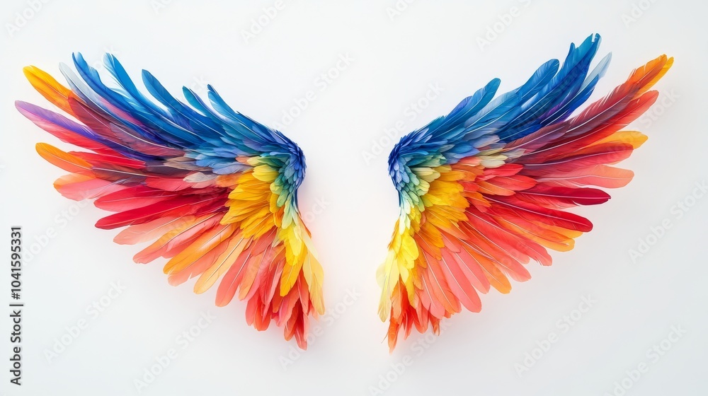 Obraz premium Pair of vibrant wings is spreading, showcasing a spectrum of colors from red to blue, symbolizing freedom, creativity, and the power of imagination