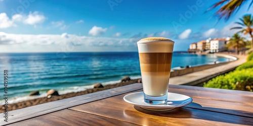 Barraquito canarian coffee on table by sea photo