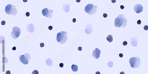 A delicate feminine pattern featuring a variety of blue and purple watercolor dots on a light background. The irregular shapes and sizes of the dots texture ideal for backgrounds, decorative elements