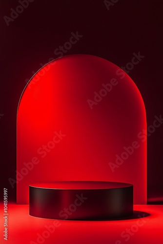 Minimalist glamour podium with romantic red lighting. Mockup design and product presentation concept. For Valentine's Day. Digital illustration for poster, banner, card, template 
