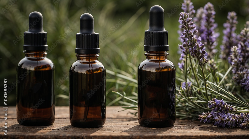 Amber Bottles of Essential Oils with Lavender in a Natural Setting Amber Bottles of Essential Oils with Lavender in a Natural Setting