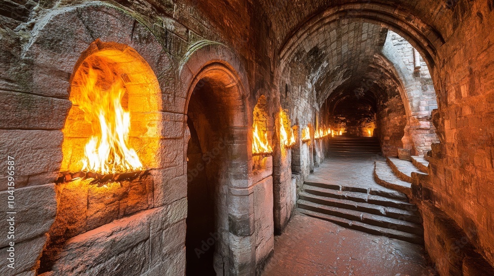 Ancient Stone Tunnel with Firelight and Steps Ancient Stone Tunnel with Firelight and Steps