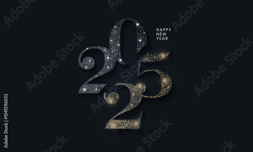 Happy New Year modern design with 2025 logo made of glittering black and gold numbers on night sky background. Minimalistic trendy background for branding, banner, cover, card photo