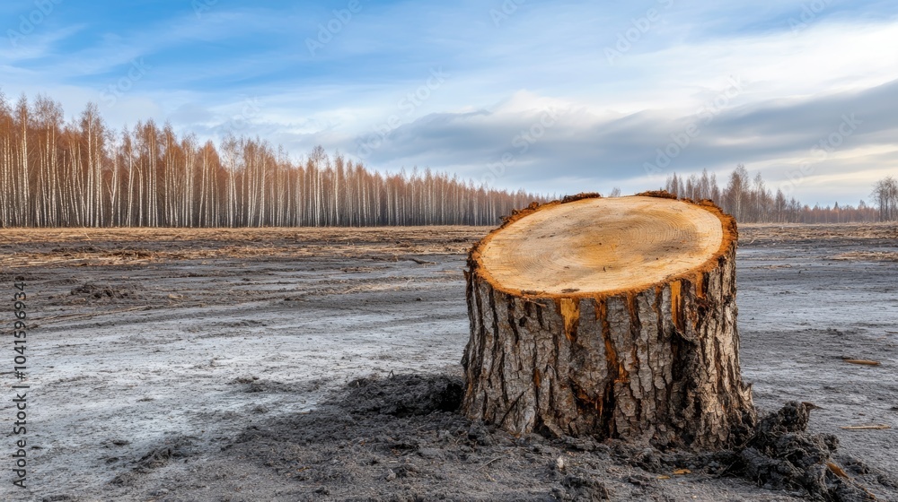 A tree stump stands in a barren landscape, surrounded by a cleared area and distant trees under a cloudy sky, symbolizing deforestation and environmental change. A tree stump stands in a barren landscape, surrounded by a cleared area and distant trees under a cloudy sky, symbolizing deforestation and environmental change.