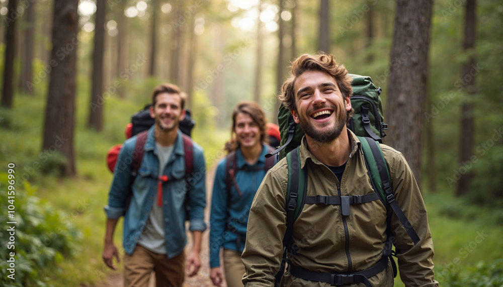Happy backpacker and his friends hiking in forest, walking through rocky forest on a rainy day with his male friends. Outdoor mountain adventure, trekking travel, hiker sport, Hiking concept Happy backpacker and his friends hiking in forest, walking through rocky forest on a rainy day with his male friends. Outdoor mountain adventure, trekking travel, hiker sport, Hiking concept
