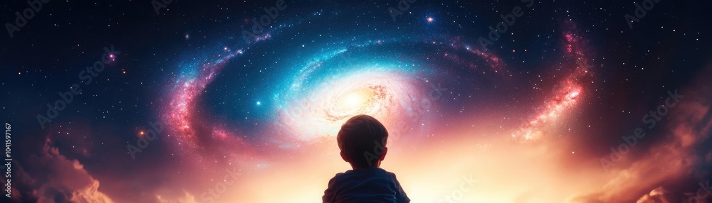 A child gazing in marvel at a swirling galaxy in the night sky, imagination ignited, exhilaration filling the air as stars glow brightly A child gazing in marvel at a swirling galaxy in the night sky, imagination ignited, exhilaration filling the air as stars glow brightly