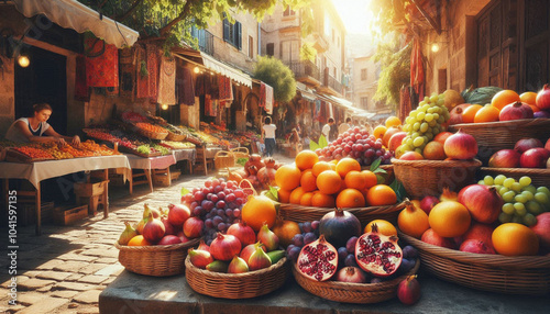 A lively Mediterranean street market features vibrant oranges, pomegranates, figs, and grapes piled in woven baskets on a stone counter, surrounded by colorful stalls and terracotta buildings.