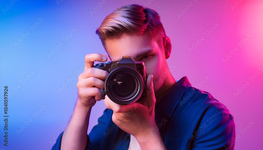 Close-up photo of a young photographer with an photocamera; fashion and beauty concept Close-up photo of a young photographer with an photocamera; fashion and beauty concept