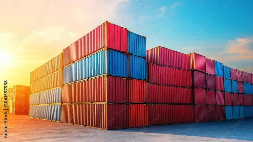 Fototapeta premium Stacked Containers at a Busy Port with Coastal View