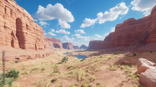 Majestic Wild West Canyon Landscape with Red Rock Formations and Winding River under a Blue Sky with Fluffy Clouds, Enhanced with Ultra-Detailed, Cinematic Light