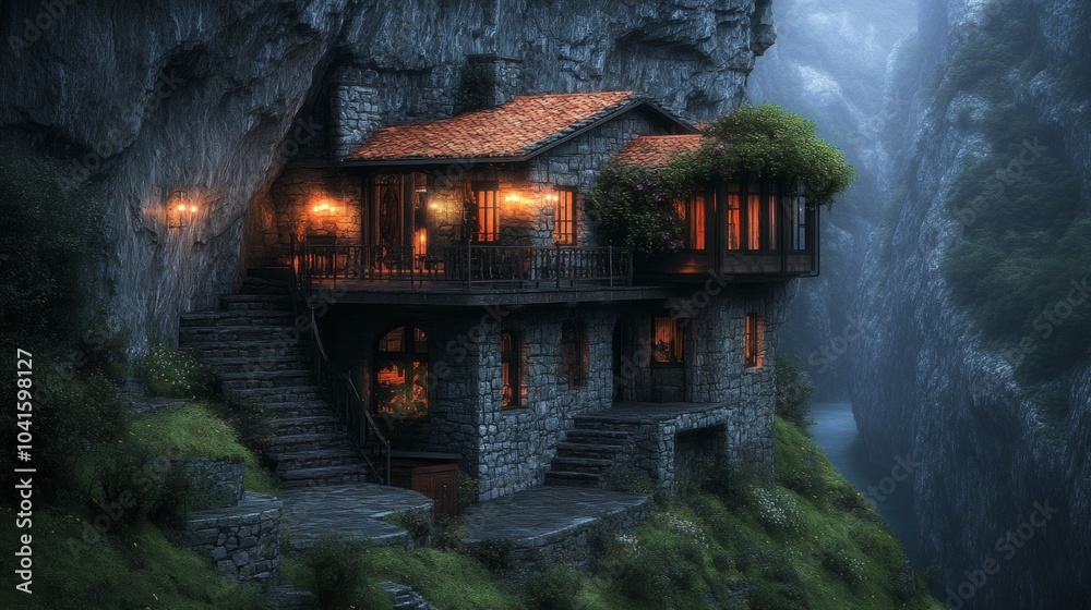 Obraz premium Mystical Stone Cottage Cliffside Mountain Valley Foggy Landscape