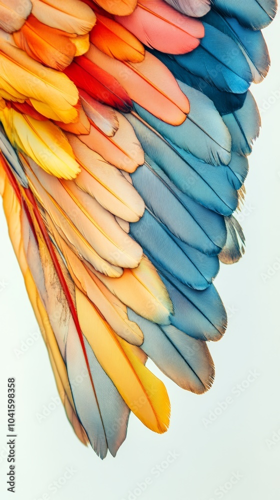 Obraz premium Close up of bright blue, yellow, orange, and red macaw feathers creating a vibrant natural background of layered feathers