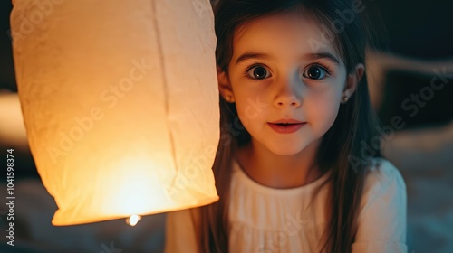 A young girl discovering a floating lantern, her eyes wide with wonder and joy, capturing the essence of innocent glee photo