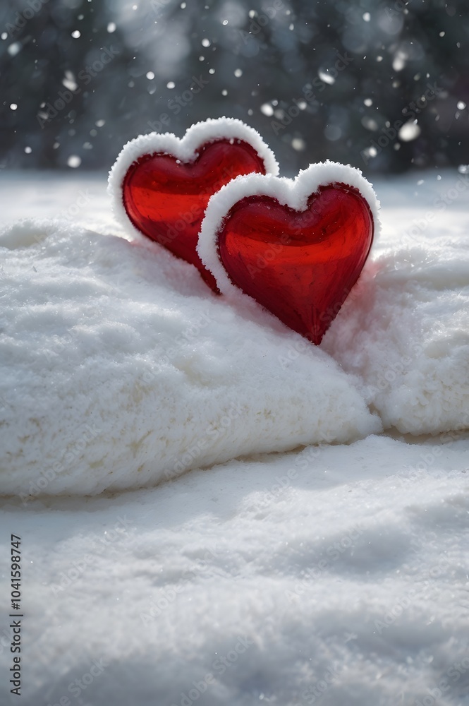 Fototapeta premium Two red hearts in snow, capturing the essence of a couple's unbreakable bond