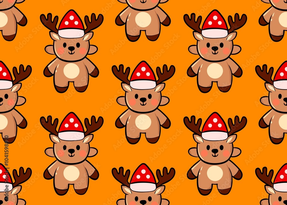 Obraz premium Set of deer. Seamless pattern with deer. New Year's pattern with deer on an orange background. Christmas mood.