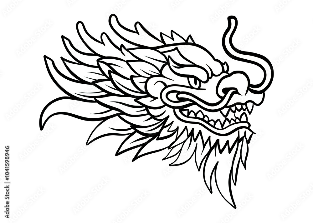 Fototapeta premium Black and white coloring page for children with a dragon. Children's winter coloring book. Dragon in linear style.