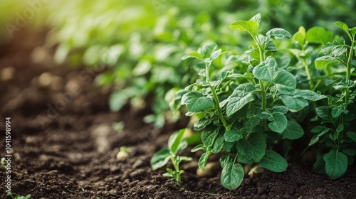 Green potato plants in soil. Perfect for illustrating articles about agriculture, food production, or healthy eating. photo