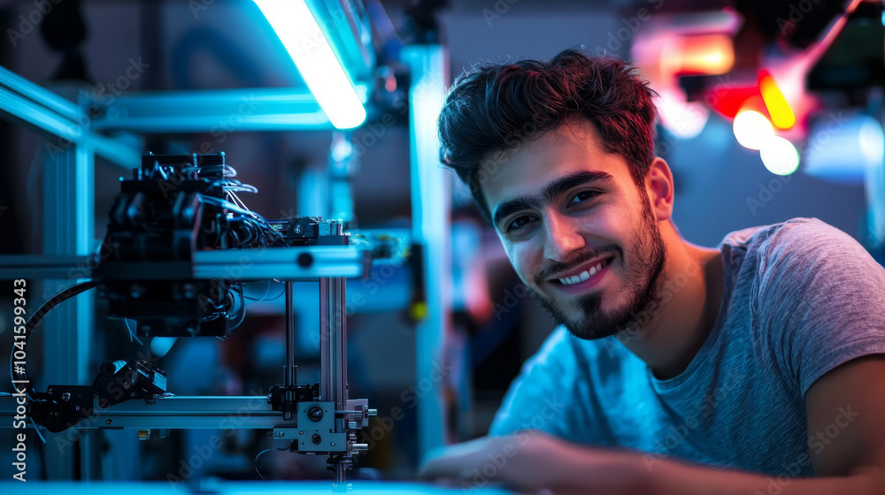 Smiling 3D printing technician adjusting equipment. Smiling 3D printing technician adjusting equipment.
