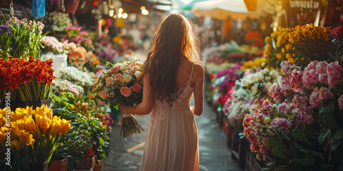 A girl walks through a flower market with a bouquet. photo