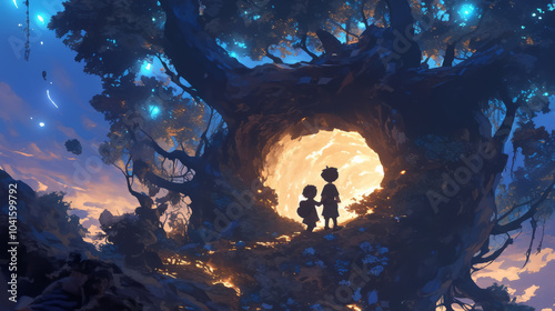 Anime-style children discovering a glowing portal inside an old tree trunk photo