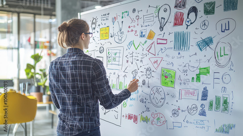 Wallpaper Mural Professional woman brainstorming and illustrating ideas on a whiteboard in a modern office workspace with colorful diagrams and charts Torontodigital.ca