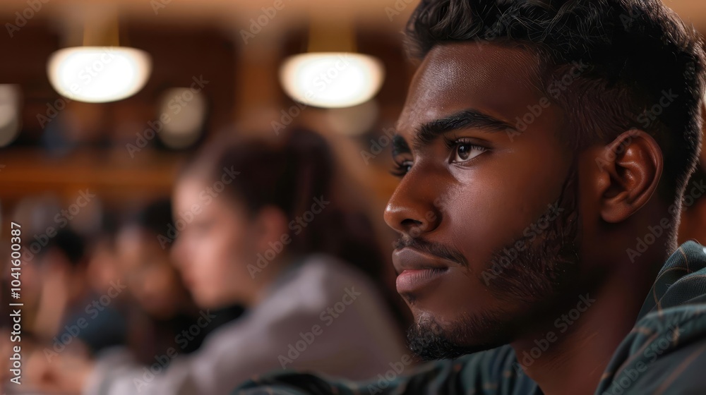 Young man with thoughtful expression in a library setting. Young man with thoughtful expression in a library setting.