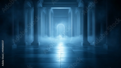 Ancient Greek Temple Columns Hallway with Fog and Light