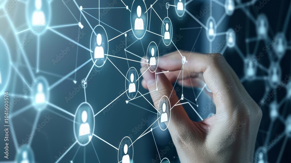 Hand connecting people icons on a digital network. Hand connecting people icons on a digital network.