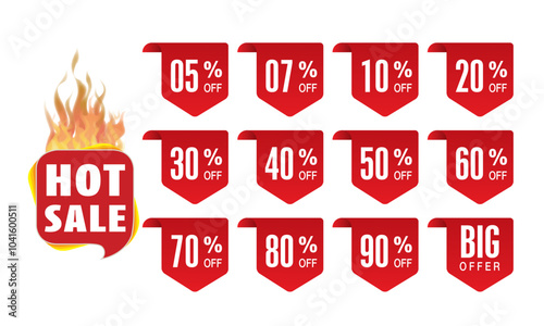 Discount sticker product tag set. shopping discount label badge with 10, 20, 30, 40, 50, 60, 70, 80 percent off. And Hot sale offer vector symbol on white background.