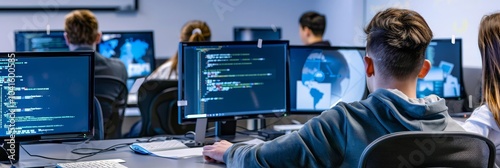 Ethical hacking course with students learning to identify and mitigate security vulnerabilities through practical exercises with copy space