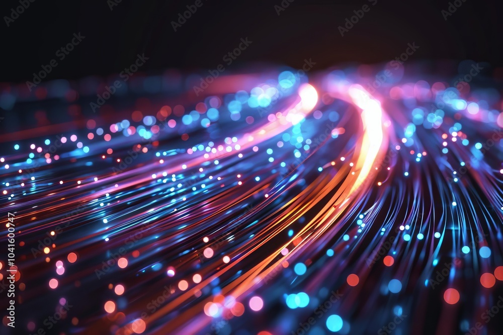 Abstract glowing fiber optic cables with pink and blue lights on a black background. Abstract glowing fiber optic cables with pink and blue lights on a black background.