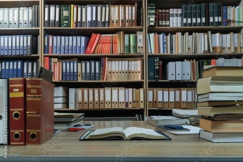 A wooden desk with an open book in front of a bookcase filled with books and binders.