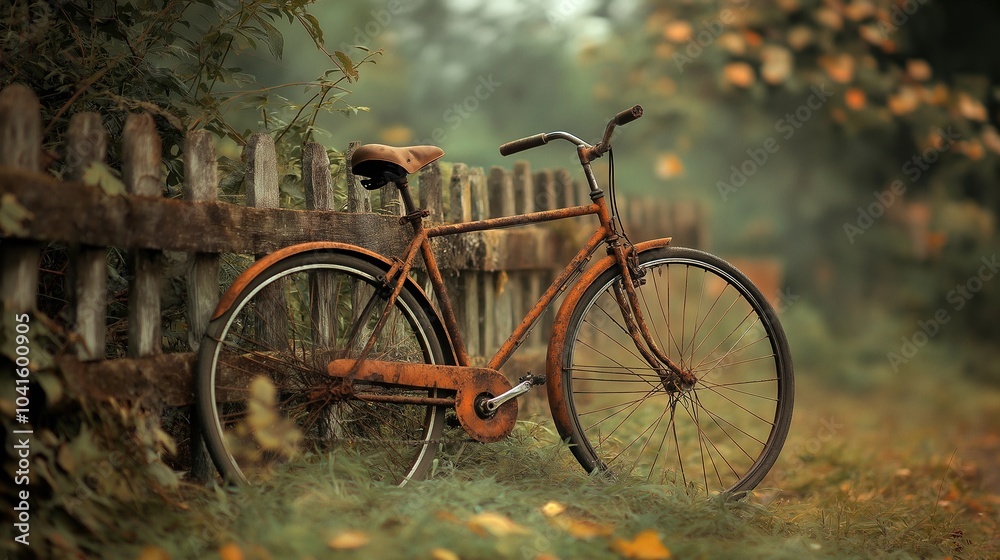 Fototapeta premium Rusty Bicycle Against Fence