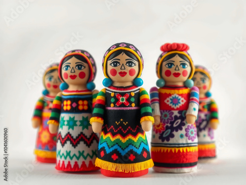 A group of dolls with colorful clothing and accessories. The dolls are arranged in a row, with one on the left, two in the middle, and two on the right. The dolls have a playful