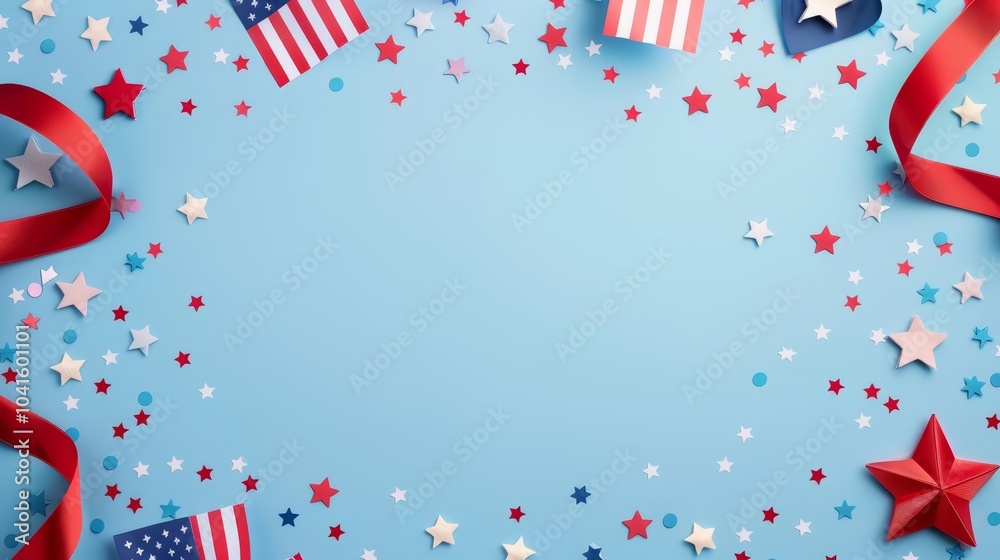 Obraz premium Patriotic 4th of July background with flags, stars and confetti.