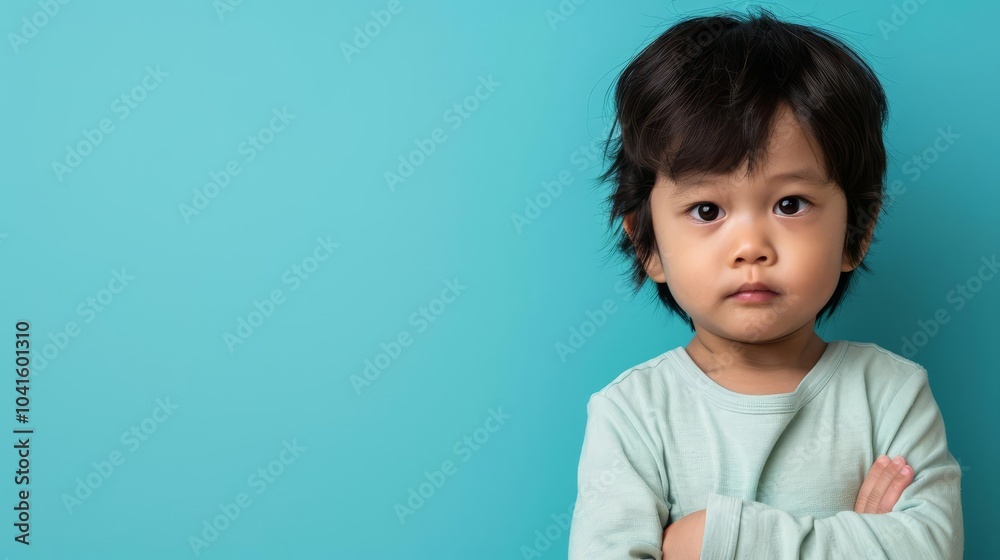 Young boy with arms crossed looking serious against blue background. Young boy with arms crossed looking serious against blue background.
